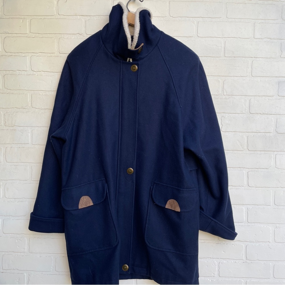 Vintage Wool Blend Navy Coat with Cream Collar longer style - Picture 6 of 13
